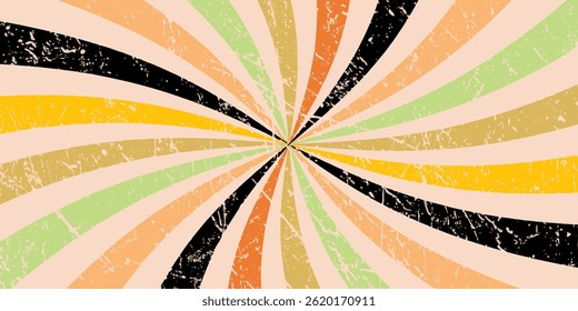 Retro sunburst background with wavy radial lines warm vintage colors like orange, cream, yellow,and beige on a white base, 1970s psychedelic style,clean vector grunge look,centered burst flat design