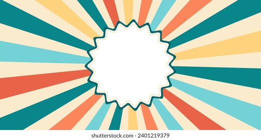 Insignia retro de explosión solar, etiqueta vectorial con fondo colorido, diseño de banners