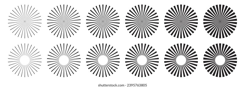 Retro sunburst element collection. Radial stripes background. Shine burst line set.
