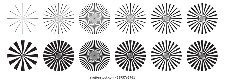 Retro sunburst element collection. Radial stripes background. Shine burst line set.