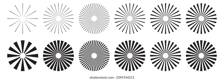 Retro sunburst element collection. Sun rays icon, shine and burst line set.