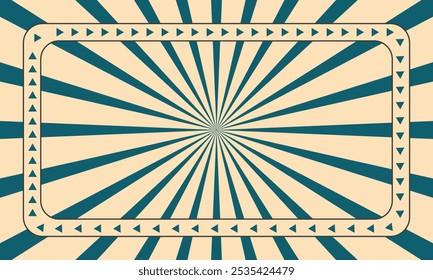 Retro Sunburst Frame Design. Vintage Teal and Cream Radiating Lines with Geometric Triangle Border, Perfect for Poster Backgrounds, Invitations, Scrapbooking, Sublimation, Digital Prints