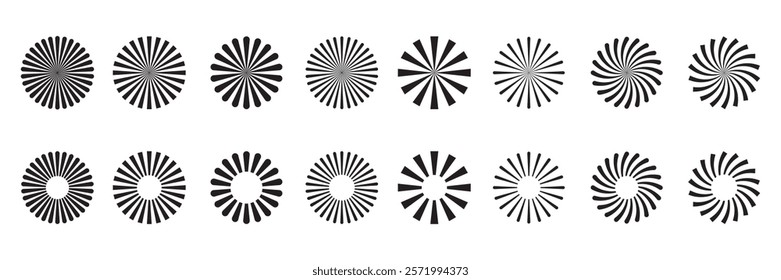 Retro Sunburst icon set, radial Sunburst element, Vintage sunburst Fireworks design isolated, Sunrise rays light burst line shine sunshine sunbeam vintage border symbol.