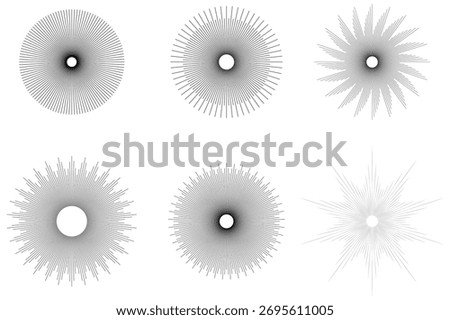 Retro sunburst icon set, sunbeam icon. Beams, rays, sunburst elements. Spokes with radiating stripes. Vector fireworks set. Abstract geometric shapes. Vector illustration.