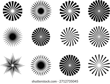 Conjunto de ícones Retro Sunburst, ilustração vetorial. Coleção de ícones de vetor de explosão. Faixas radiais de elemento de explosão solar, Ray, Light, vetor.