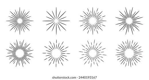 Retro sunburst line art elements set, sun vector illustration collection