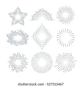 Retro Sunburst, Radiant Starburst, Vintage Abstract Sunshine Line Vector Set.