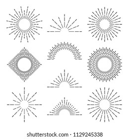 Retro sunburst rays. Radiant sunset or sunrise burst light frame lines and flash sun starburst rhombus icon. Abstract hand drawn sunsets outline vector symbols isolated set