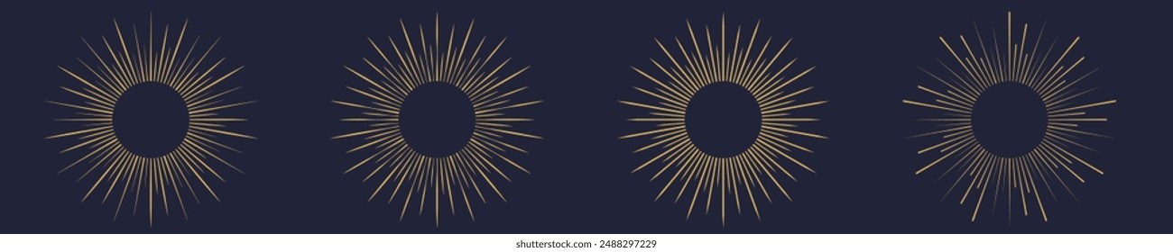 Retro Sunburst shape set. Sun icons and sunbeam collection. Vintage light starburst logo, labels, badges. Sunburst minimal logo frames.