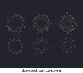 Retro Sunburst Signs White Thin Line Icon Set Light Star Symbols on a Black. Vector illustration of Icons Vintage Sun Rays