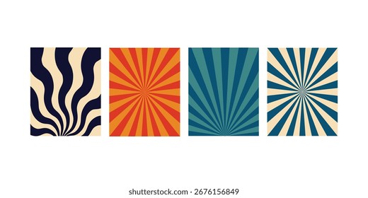 Conjunto de fondos de estilo retro Sunburst. Antiguas 60s y 70s Fondos psicodélicos. Antiguas Groovy radial y ondulado fondos abstractos.