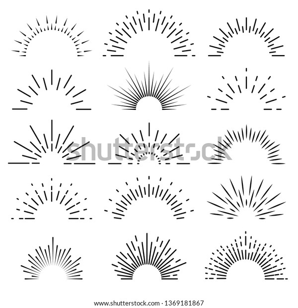 レトロな日焼け 日の出の光のバーストラインシャインサンビームビンテージ境界火花火花炎のエンブルムのロゴとバナーベクター画像セット のベクター画像素材 ロイヤリティフリー