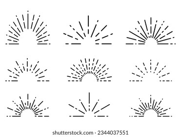 Retro sunburst, sunrise rays, semi circular sunburst, spark firework starburst design set line of light vector illustration.