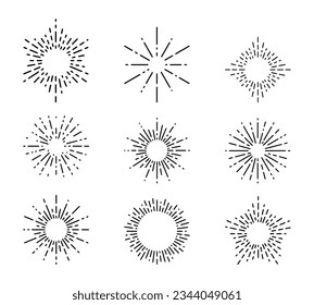 Retro sunburst, sunrise rays, semi circular sunburst, spark firework starburst design set line of light vector illustration.