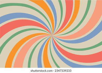 Retro sunburst vector background with a vintage color palette of blue yellow red and beige in a spiral or swirled radial striped design. Vetor illustration