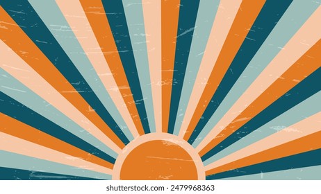 Retro sunburst vector background with Vintage bright grunge placard,70's style Vector horizontal illustration for banner, poster website and backdrop.