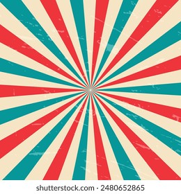 Retro sunburst vector background with Vintage bright grunge placard,70's style Vector EPS10 illustration for banner, poster website ,circus, carnival, summer fair, and backdrop.Turquoise and red color