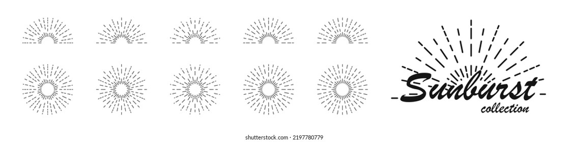 Retro sunburst vector icon set. Sunburst design elements collection. Radial sunset beams. Vintage sunbeam collection. Bursting sun rays. Vector graphic EPS 10