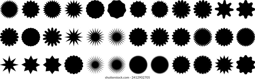 Retro sunburst vector sticker set, star shapes, sale or price tag or quality mark design, retro discount badge, sunray promotional clip art element collection