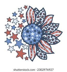 Retro Sunflower in American Flag style design. Design for celebrating 4th of july Independence Day of USA