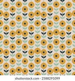 Retro Sunflower Tile Seamless Pattern in Beige and Yellow