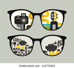 Retro sunglasses with abstract people  reflection in it. Vector illustration of accessory - eyeglasses isolated.