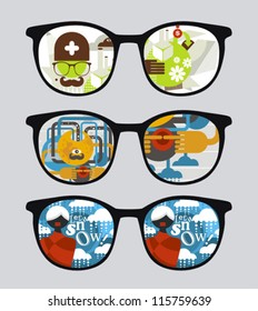 Retro sunglasses with abstract reflection in it. Vector illustration of accessory - eyeglasses isolated.