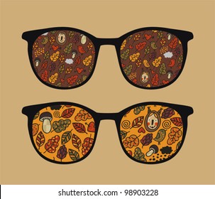 Retro sunglasses with autumn reflection in it. Vector illustration of accessory - isolated eyeglasses.