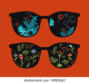Retro sunglasses with birds and nature reflection in it. Vector illustration of accessory - isolated eyeglasses.