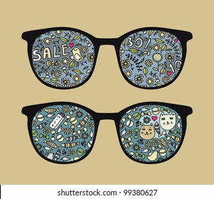 Retro sunglasses with birds and sale reflection in it. Vector illustration of accessory - eyeglasses isolated.