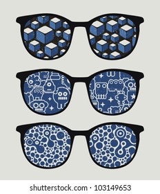 Retro sunglasses with blue  reflection in it. Vector illustration of accessory - eyeglasses isolated.