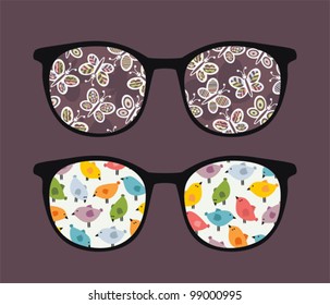 Retro sunglasses with butterflies and birds reflection in it. Vector illustration of accessory - isolated eyeglasses.