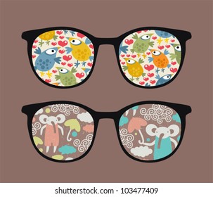 Retro sunglasses with cartoons reflection in it. Vector illustration of accessory - eyeglasses isolated.