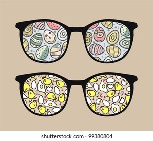 Retro sunglasses with chickens and eggs reflection in it. Vector illustration of accessory - eyeglasses isolated.