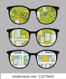 Retro sunglasses with cityscape  reflection in it. Vector illustration of accessory - eyeglasses isolated.