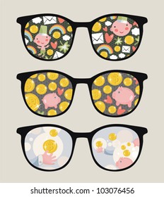 Retro sunglasses with coins  reflection in it. Vector illustration of accessory - eyeglasses isolated.