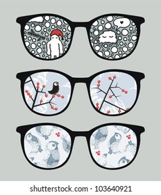 Retro sunglasses with cold winter  reflection in it. Vector illustration of accessory - eyeglasses isolated.