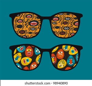 Retro sunglasses with cool monsters reflection in it. Vector illustration of accessory - isolated eyeglasses.