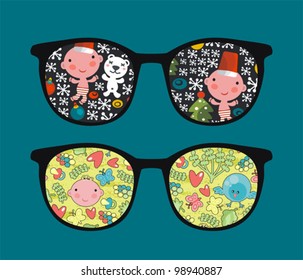 Retro sunglasses with cute child reflection in it. Vector illustration of accessory - isolated eyeglasses.