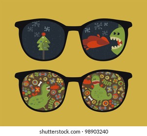 Retro sunglasses with cute dragon reflection in it. Vector illustration of accessory - isolated eyeglasses.
