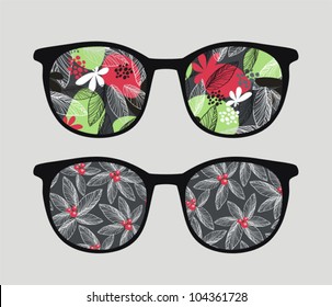 Retro sunglasses with dark flowers reflection in it. Vector illustration of accessory - eyeglasses isolated.