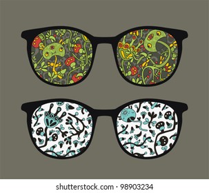 Retro sunglasses with doodle mushrooms reflection in it. Vector illustration of accessory - isolated eyeglasses.