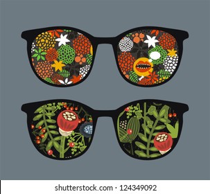 Retro sunglasses with floral  reflection in it. Vector illustration of accessory - eyeglasses isolated.