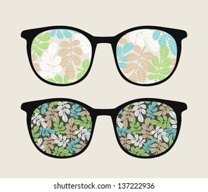 Retro sunglasses with floral reflection in it. Vector illustration of accessory - eyeglasses isolated.