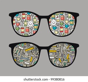 Retro sunglasses with funny dishes and tools reflection in it. Vector illustration of accessory - eyeglasses isolated.