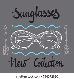 Retro sunglasses graphic vector illustration. Design elements with Sunglasses and New Collection lettering