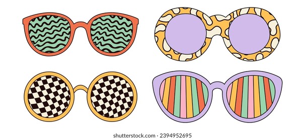 Retro sunglasses with groovy hippie designs. Vector graphics isolated on white background.