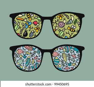 Retro sunglasses with  insects and fish reflection in it. Vector illustration of accessory - eyeglasses isolated.