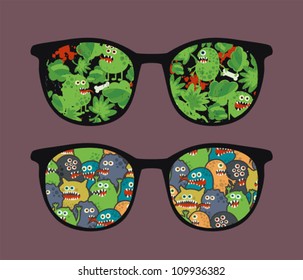 Retro sunglasses with many monsters reflection in it. Vector illustration of accessory - eyeglasses isolated.