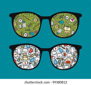 Retro sunglasses with milk and baby reflection in it. Vector illustration of accessory - eyeglasses isolated.